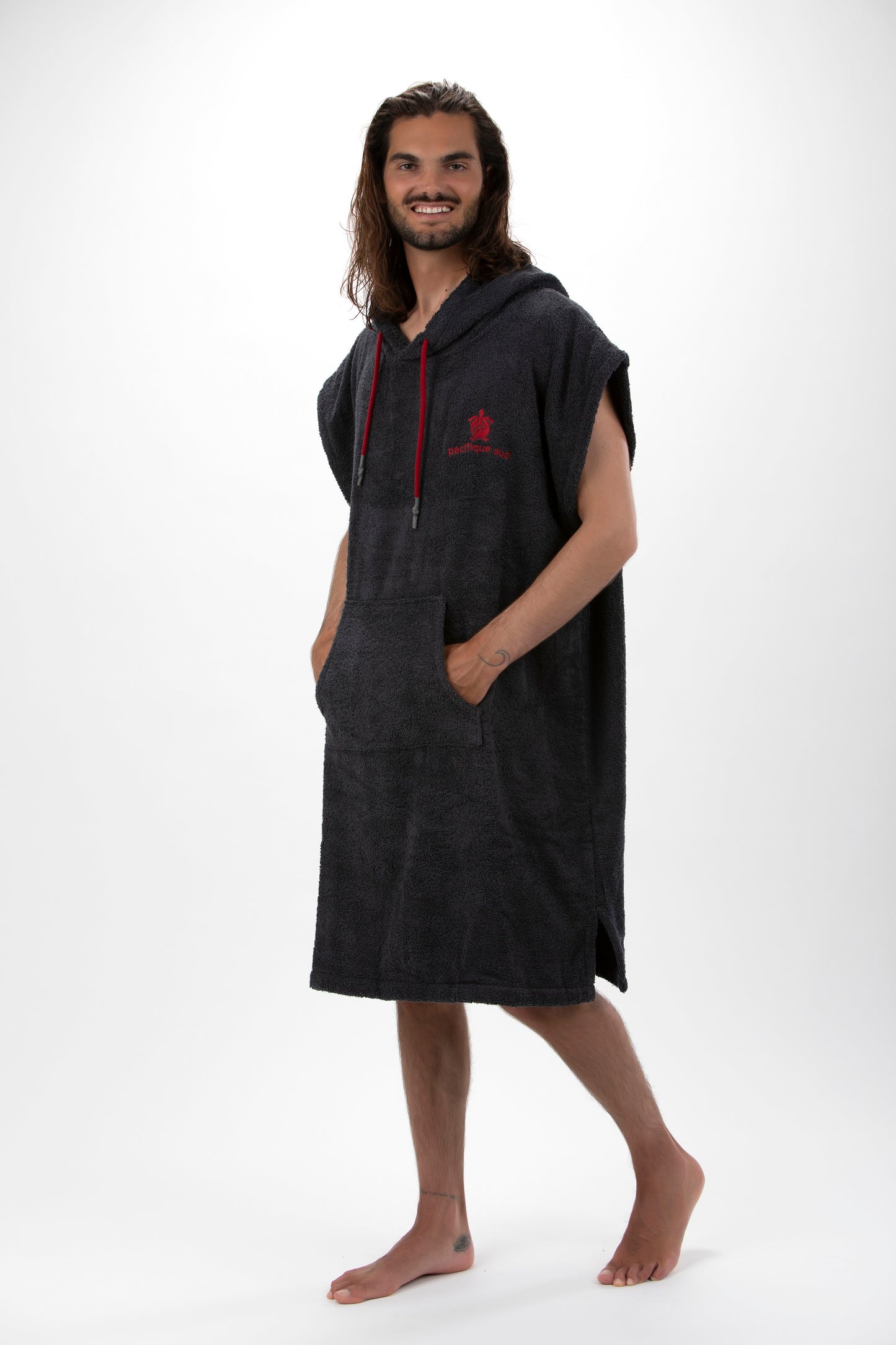 Dunkelgrauer Surf-Poncho – große Größe – Baumwolle – ärmellos
