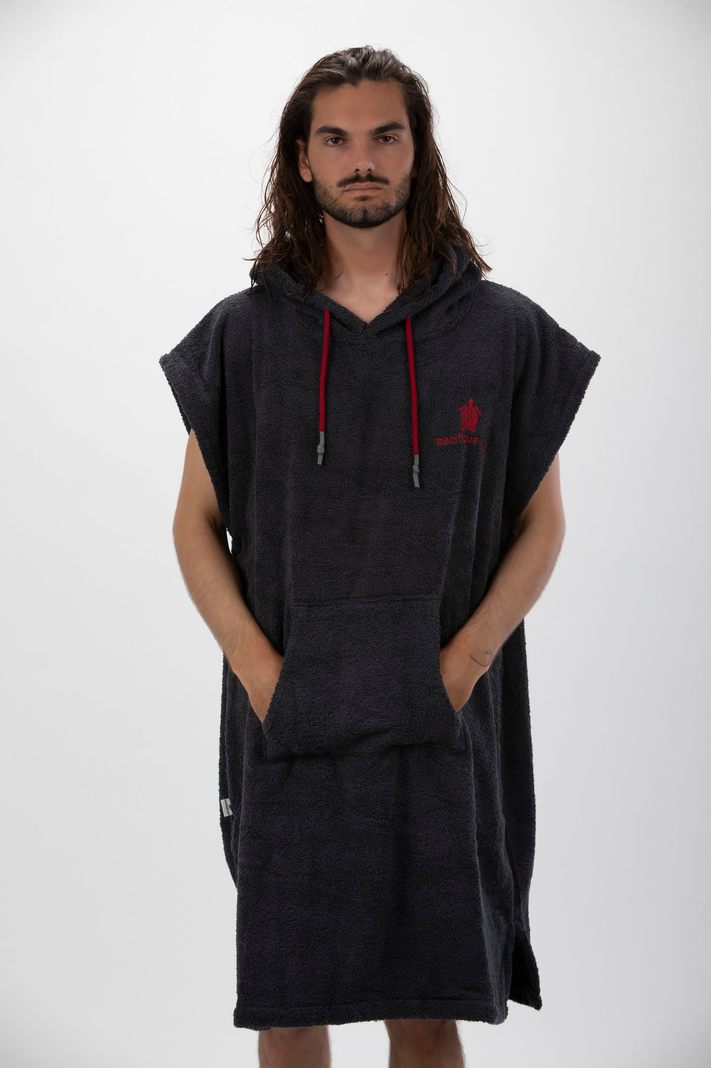 Dunkelgrauer Surf-Poncho – große Größe – Baumwolle – ärmellos