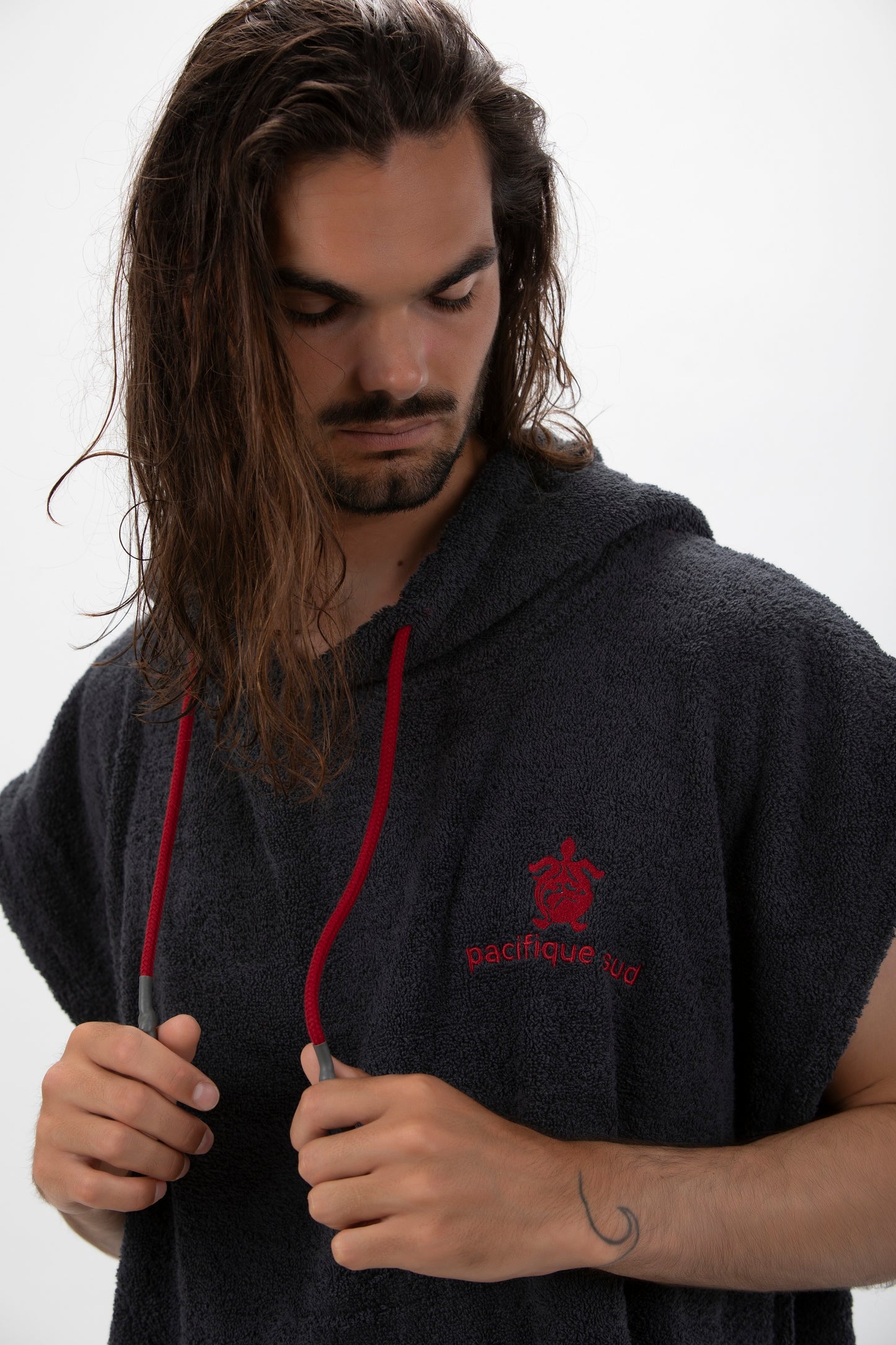 Dunkelgrauer Surf-Poncho – große Größe – Baumwolle – ärmellos