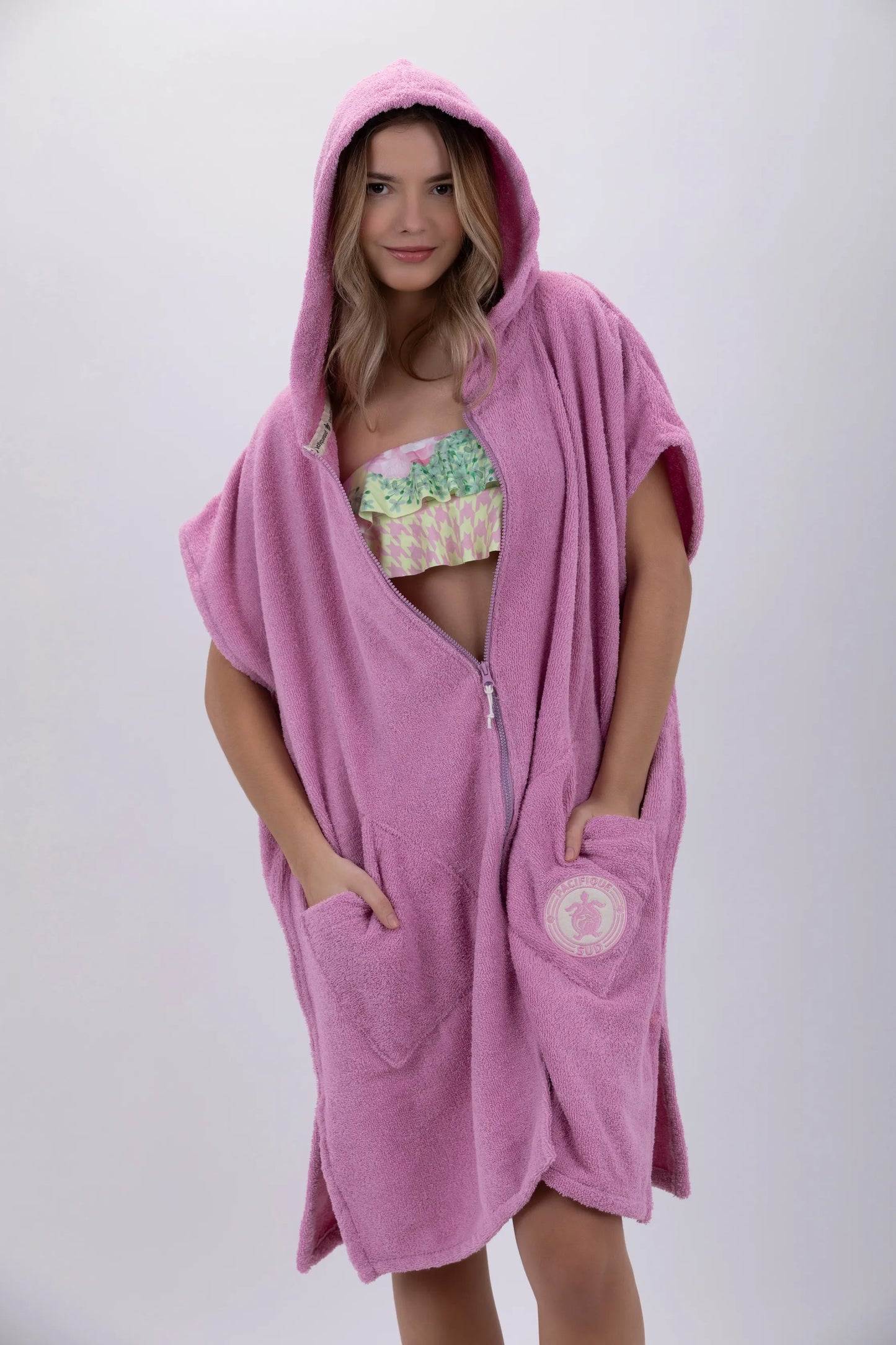 Poncho Surf Rosa - Tamanho Único - Algodão - Sem mangas - Com Fecho Zip