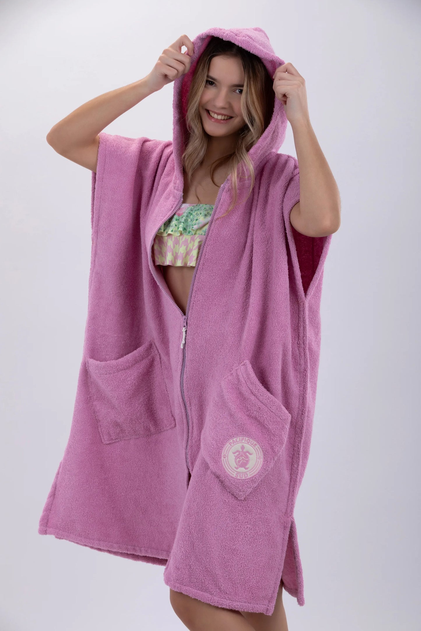 Poncho Surf Rosa - Talla Única - Algodón - Sin mangas - Con Cierre Zip